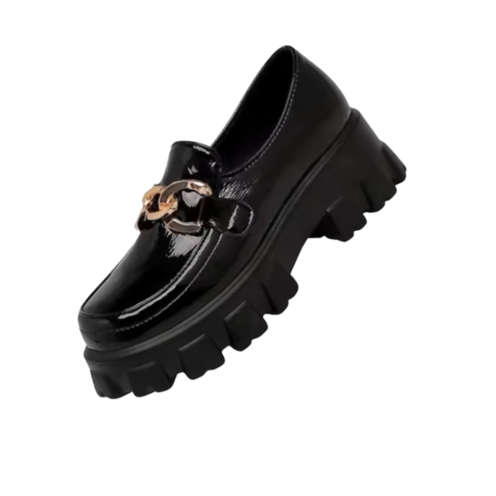 Chunky Stylish Leather Loafers -Black Shiny - Ozerty
