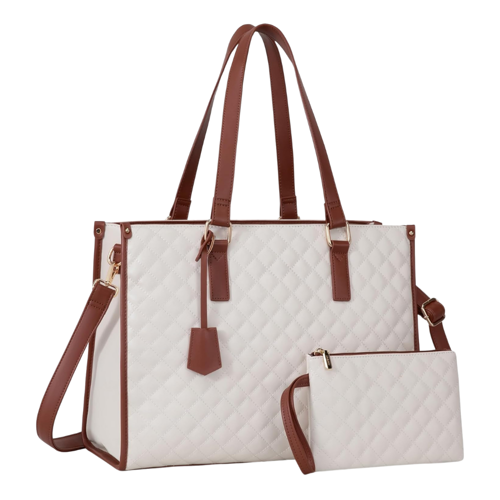 Insulated Carry-All Tote Bag -White with Brown Handles - Ozerty