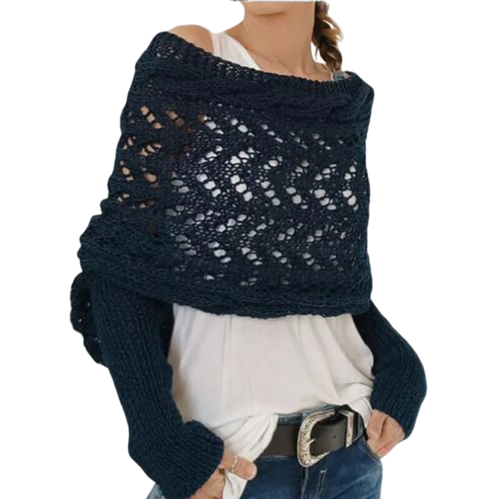 Cozy Knitted Shrug Sweater -Navy Blue - Ozerty