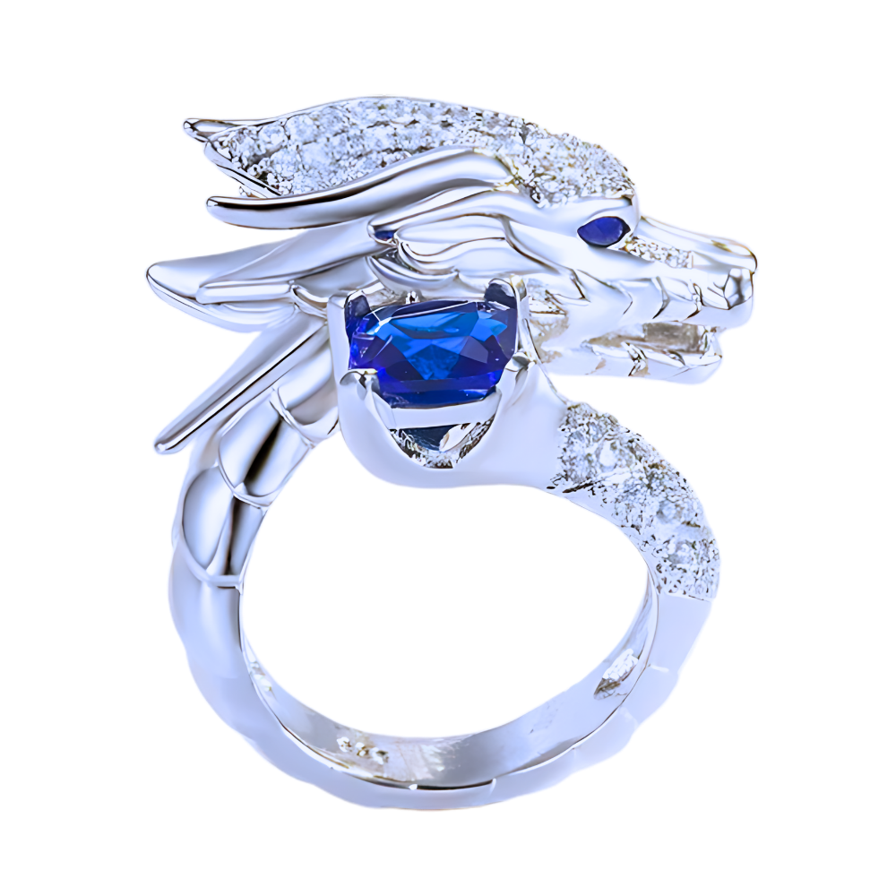 Unique Handmade Silver Dragon Ring  -Navy Blue - Ozerty